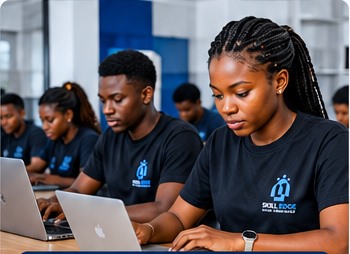 Skill Edge students learning technology together in a classroom
